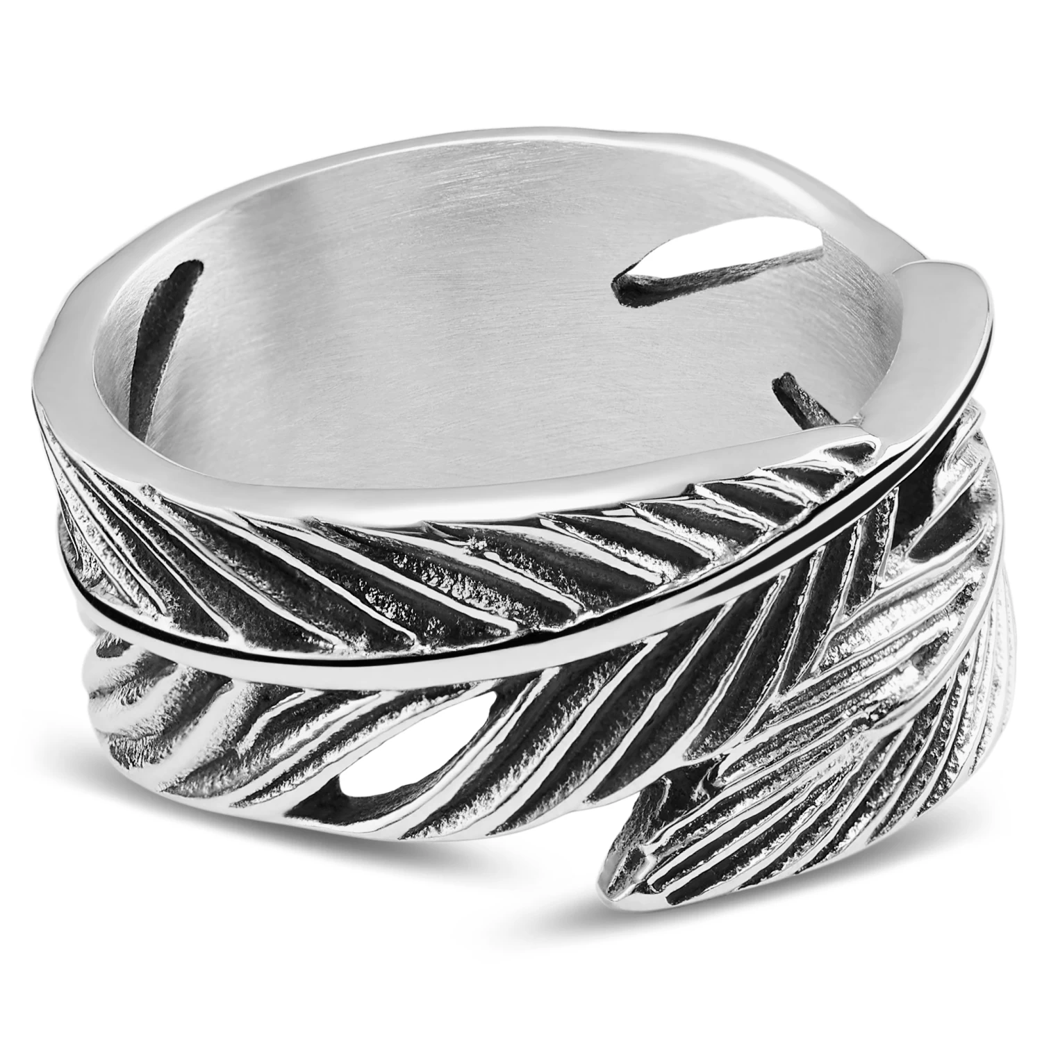 12 Mm Silver-Tone Stainless Steel Feather Pattern Ring - Image 2