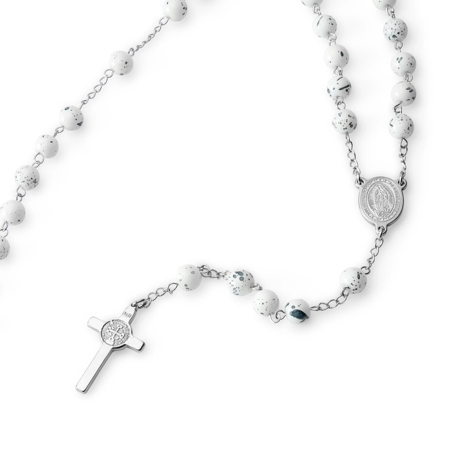 Silver-Tone & White Rosary With Silver-Tone Our Lady Of Guadalupe & Cross Beads Necklace - Image 2