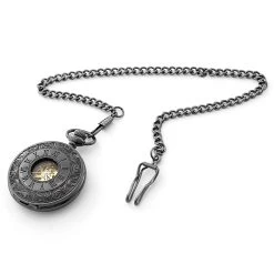 Black Ornate Skeleton Pocket Watch With Gold-Tone Movement & Black Cable Chain