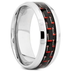 8 Mm Silver-Tone Stainless Steel With Black & Red Inlaid Ring