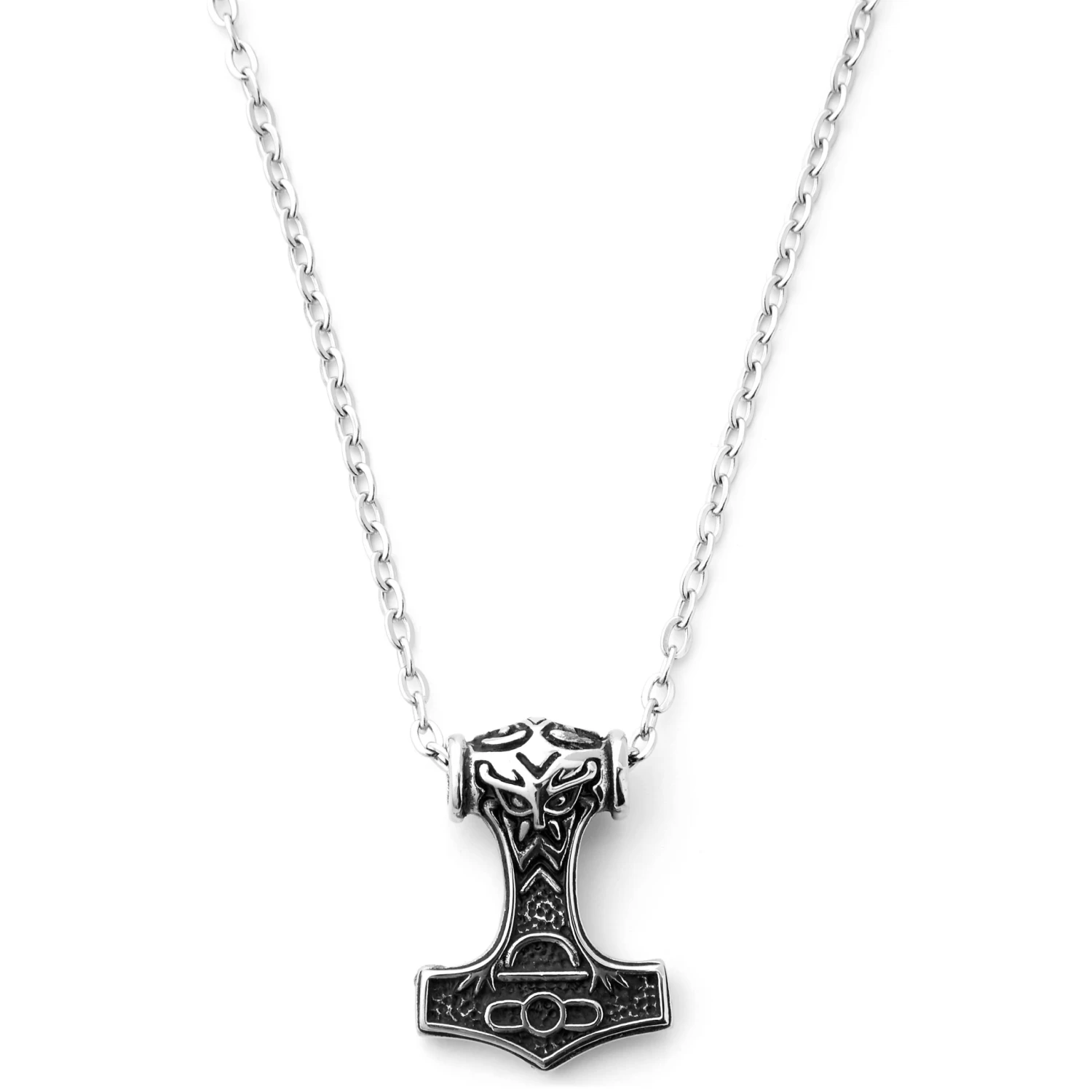 Silver-Tone & Black Stainless Steel Ornate Hammer Cable Chain Neckalce