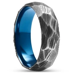 Fortis | 7 Mm Gunmetal Gray Damascus Steel With Blue Titanium Inlay Ring