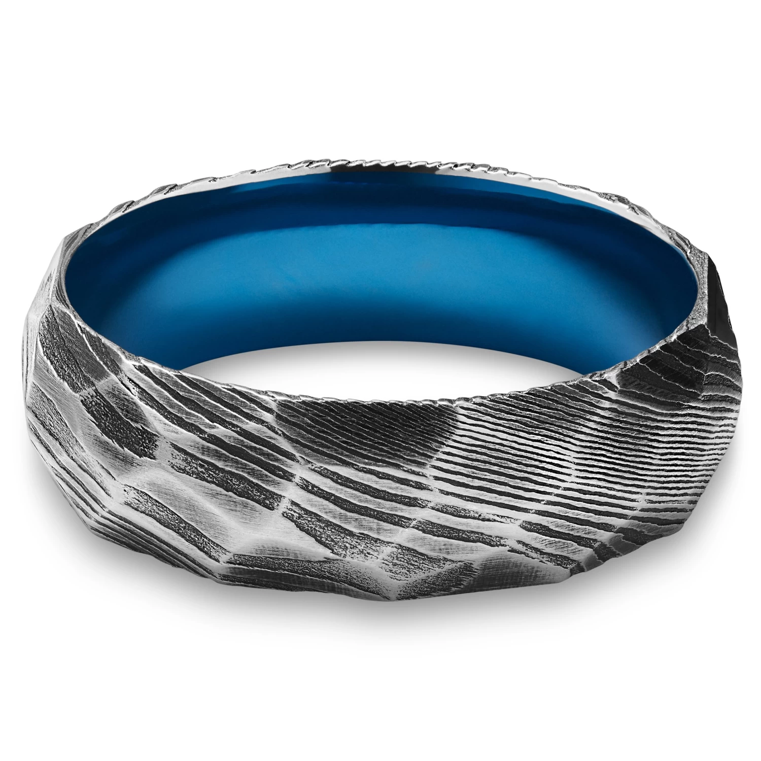 Fortis | 7 Mm Gunmetal Gray Damascus Steel With Blue Titanium Inlay Ring - Image 7