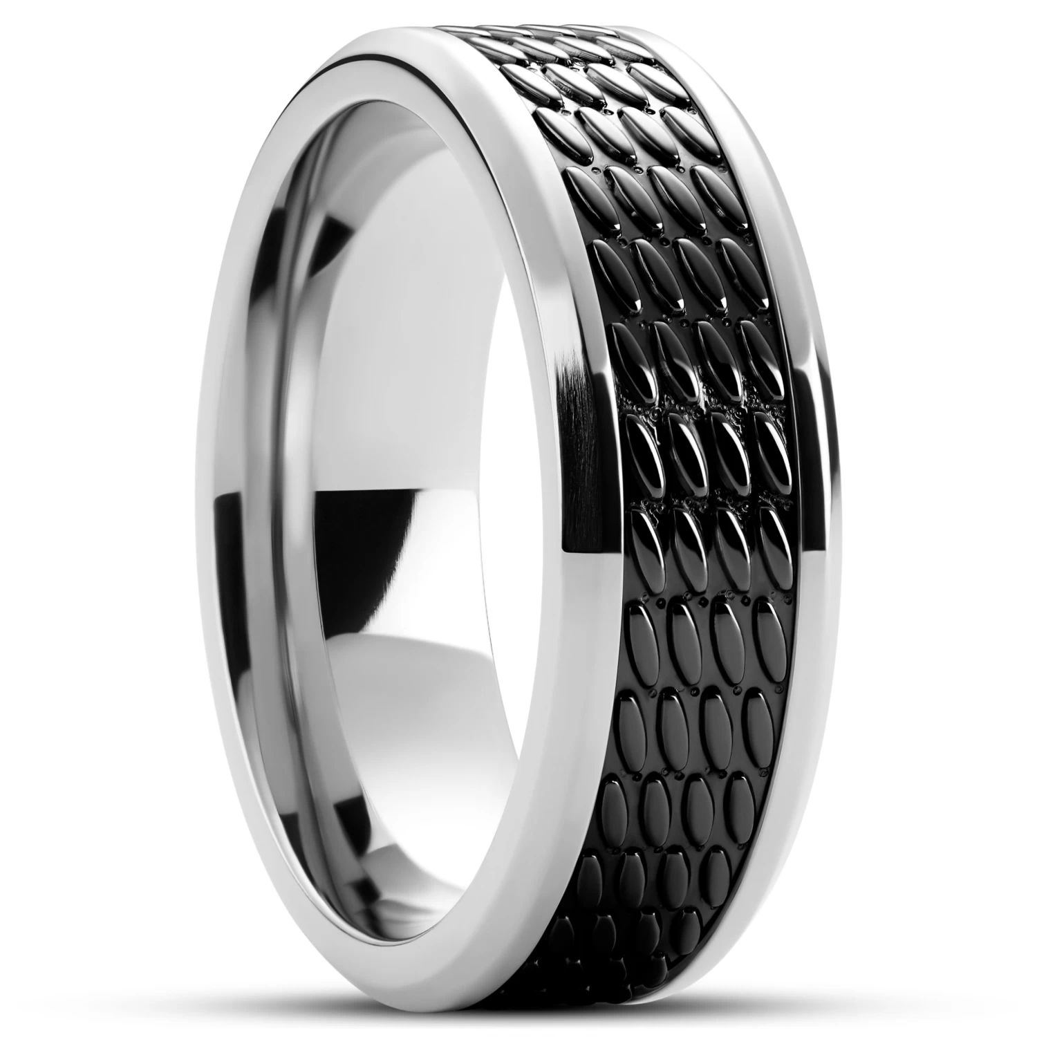 Hyperan | 1/3" (8 Mm) Silver-tone Titanium Ring With Black Oval Pattern