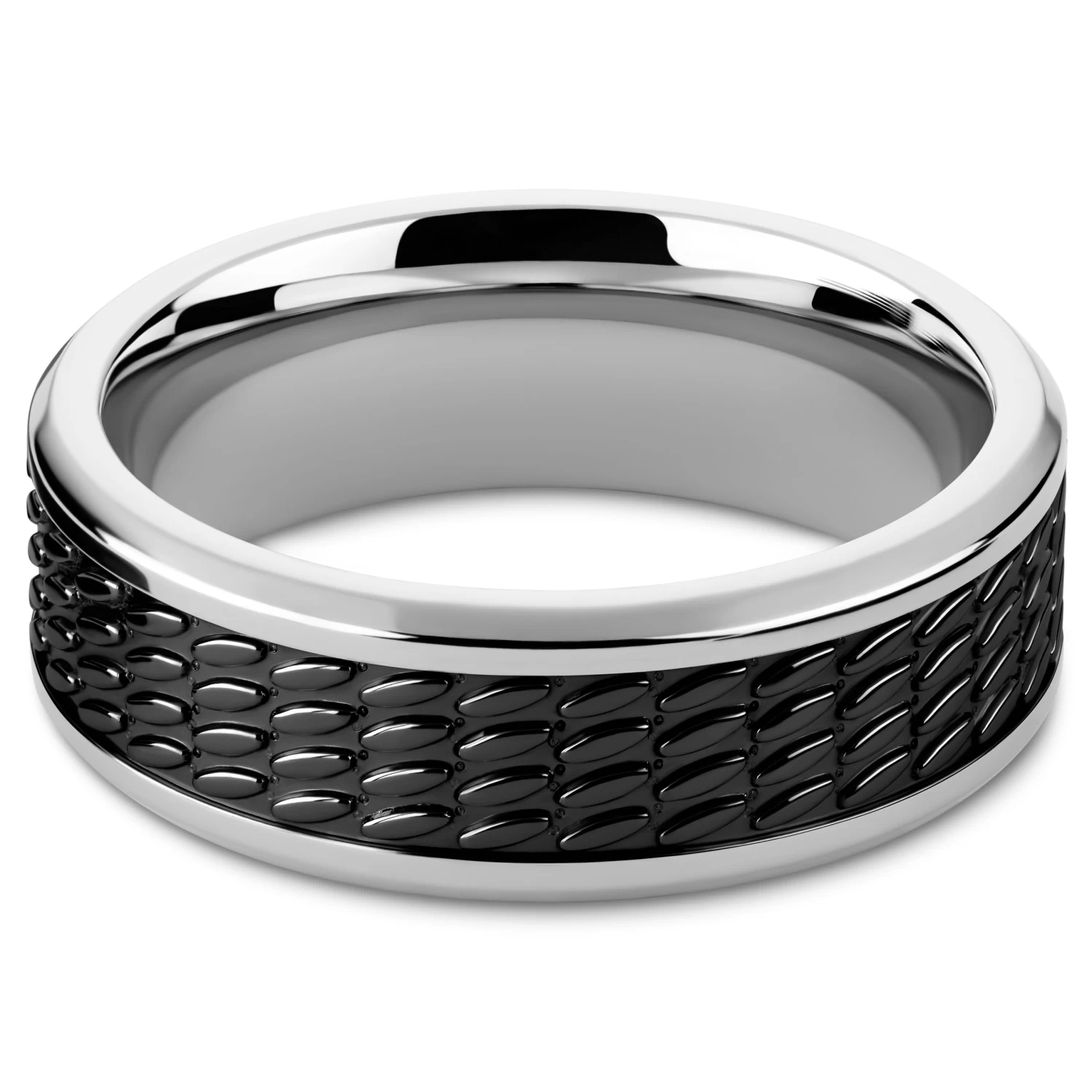 Hyperan | 1/3" (8 Mm) Silver-tone Titanium Ring With Black Oval Pattern - Image 2