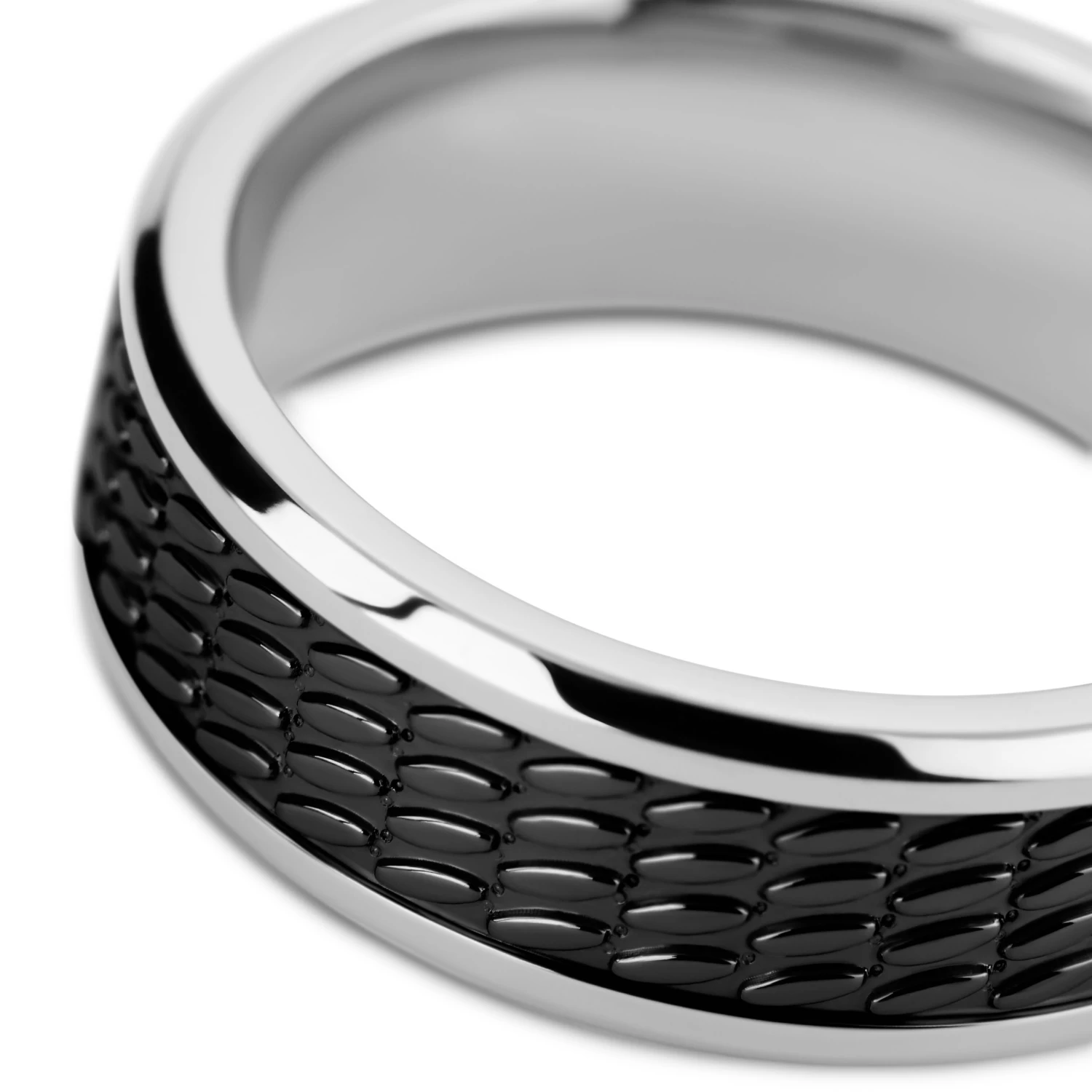 Hyperan | 1/3" (8 Mm) Silver-tone Titanium Ring With Black Oval Pattern - Image 3
