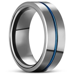 Terra | 8 Mm Blue Grooved Silver-Tone Tungsten Carbide Ring