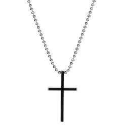 Silver-Tone Stainless Steel With Black Thin Cross Ball Chain Necklace