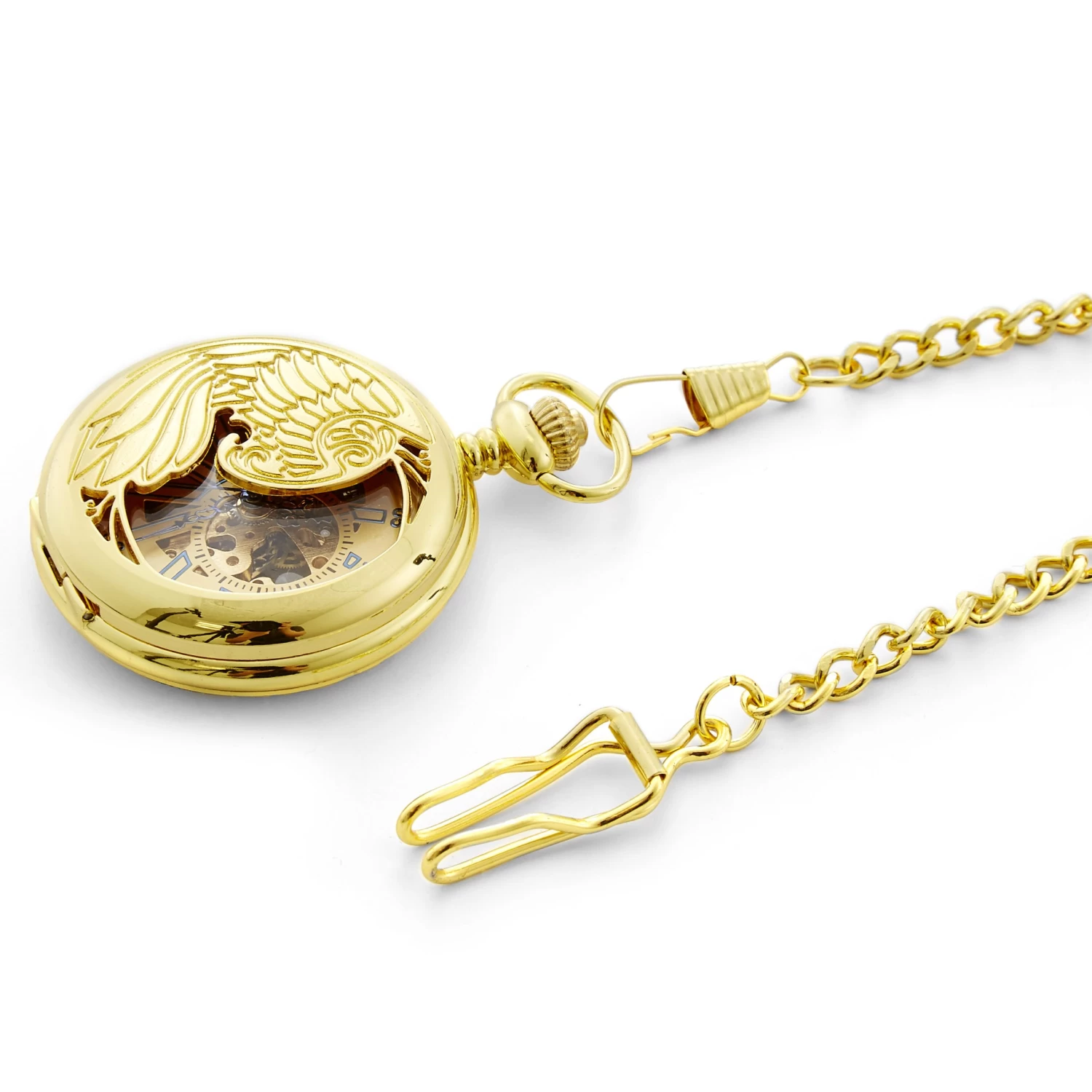 Gold-Tone Phoenix Skeleton Pocket Watch With Gold-Tone Cable Chain - Image 3