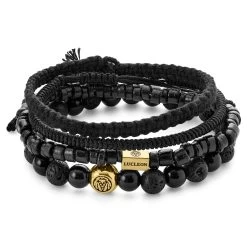 Lava Rock, Onyx, Coconut, And Gold-Plated Sterling Silver Bracelet Set