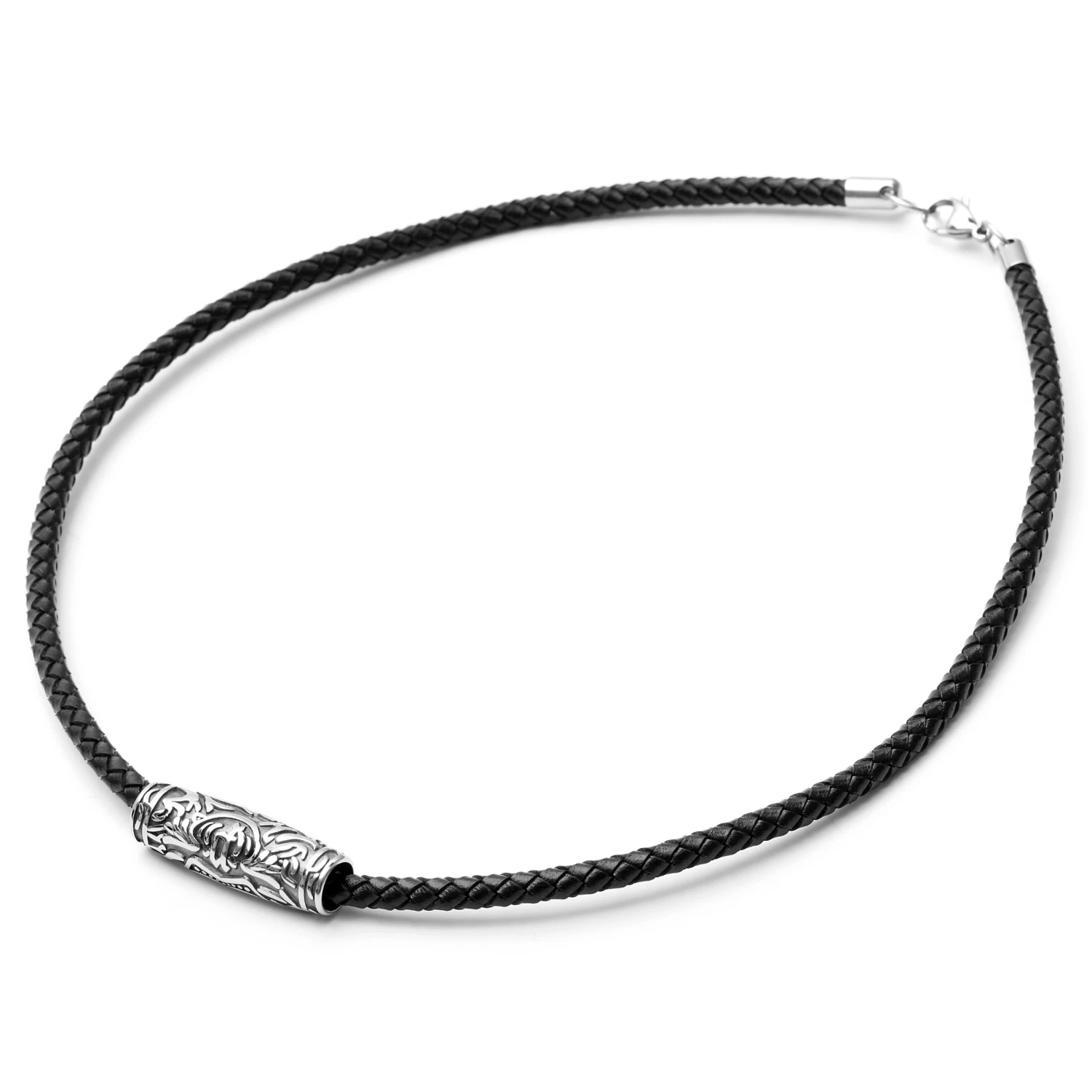 Black Leather With Silver-Tone Stainless Steel Rune Barrel Necklace - Image 5