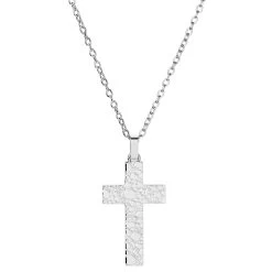 Silver-Tone Stainless Steel Cobblestone Pattern Cross Cable Chain Necklace
