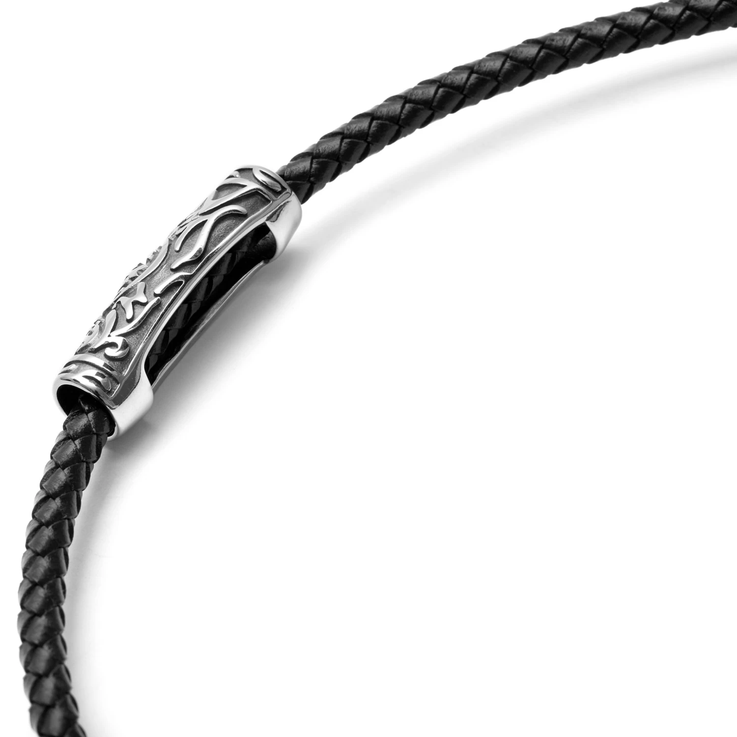 Black Leather With Silver-Tone Stainless Steel Rune Barrel Necklace - Image 6