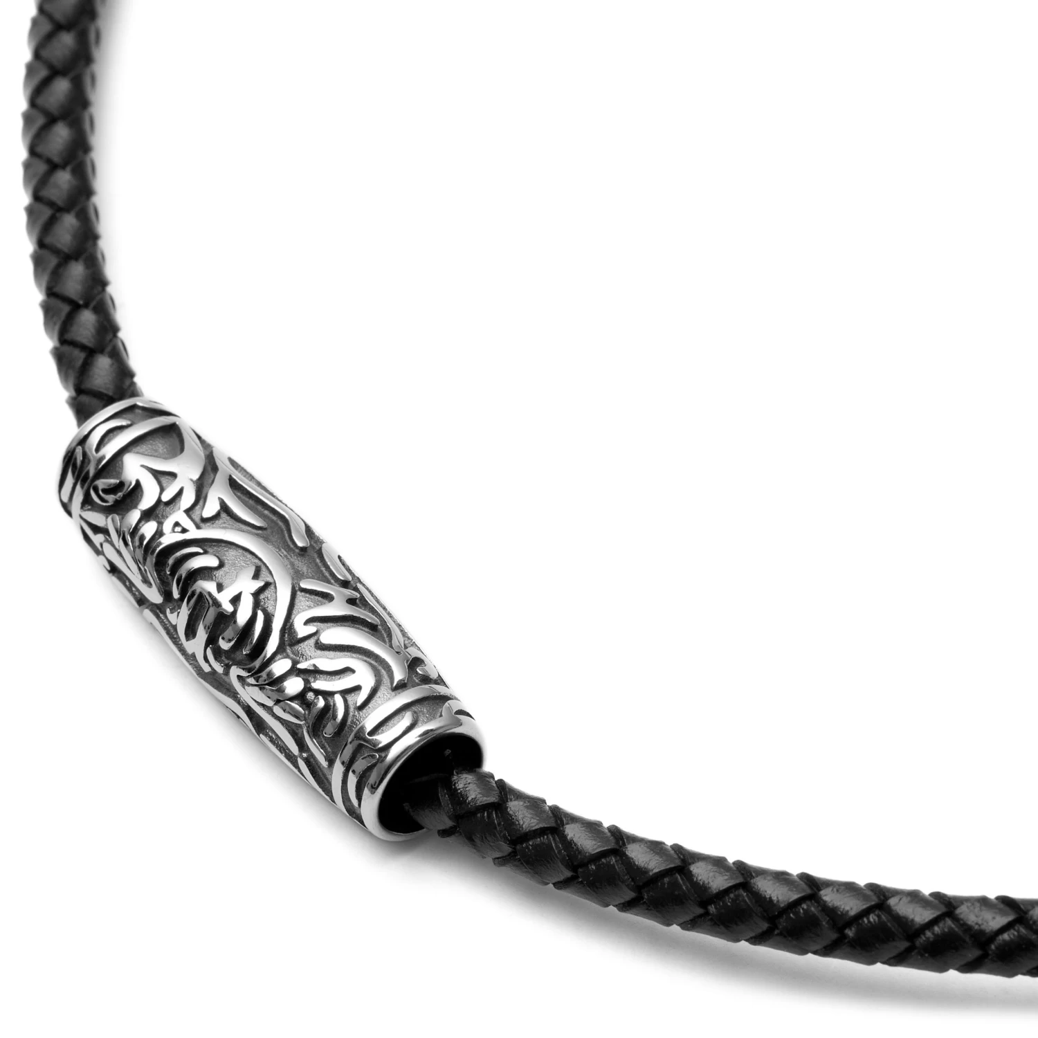 Black Leather With Silver-Tone Stainless Steel Rune Barrel Necklace - Image 2
