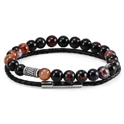 Natural Agate & Braided Leather Band Bracelet Set