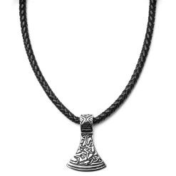 Black Leather With Silver-Tone Stainless Steel Norse Axe Necklace