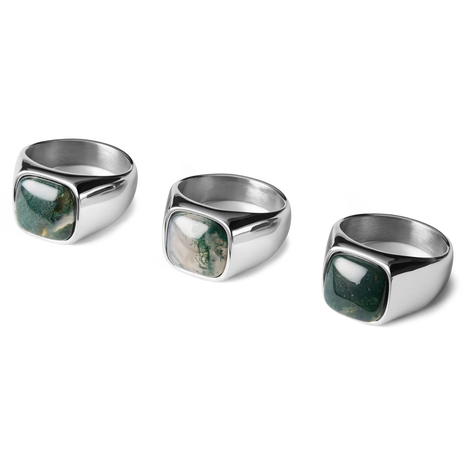 Aras | Silver-tone Stainless Steel Moss Agate Pinky Signet Ring - Image 5