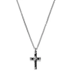 Silver-Tone Stainless Steel With Black & Silver-Tone Cable Cross Cable Chain Necklace