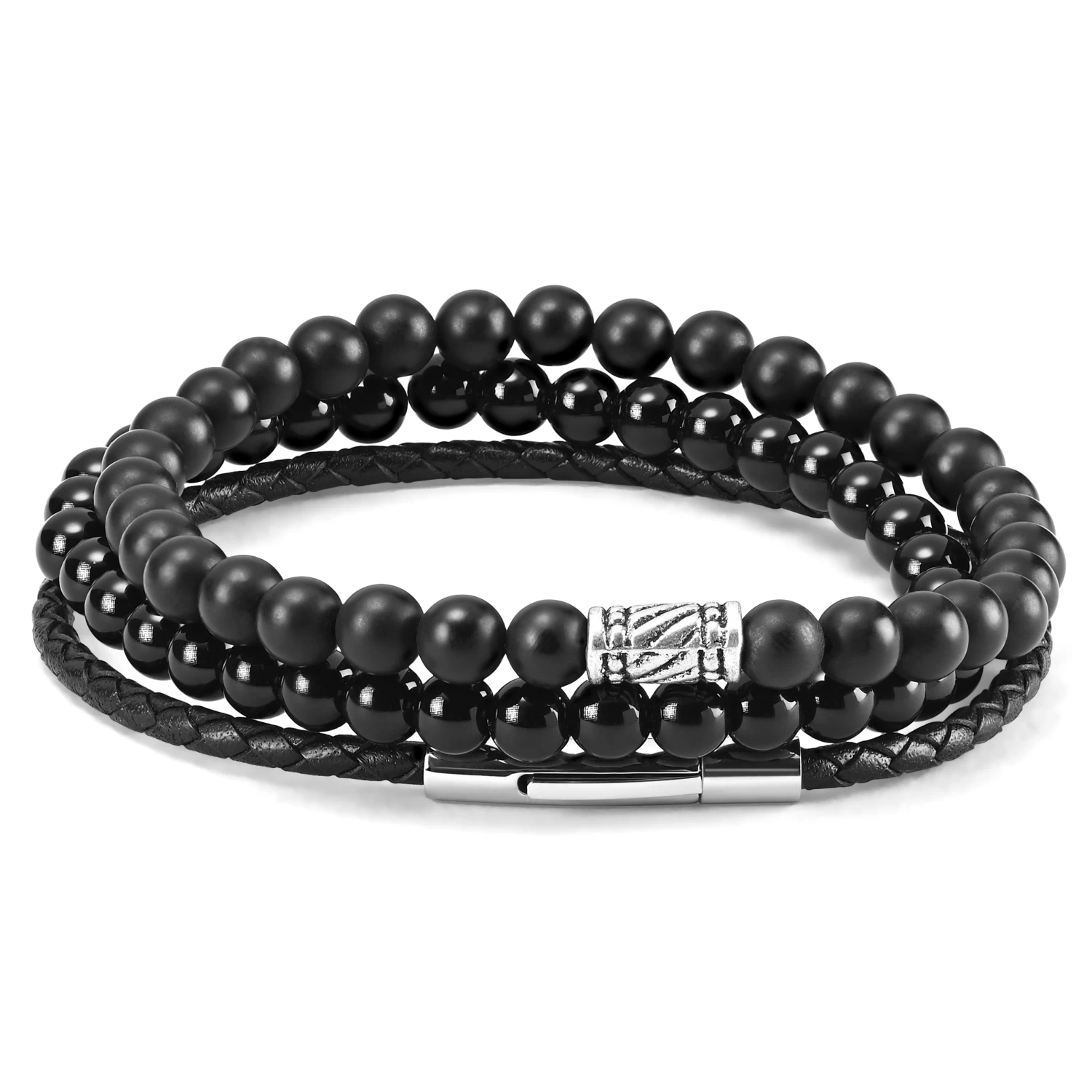 Black Natural Stone & Leather Bracelet Set
