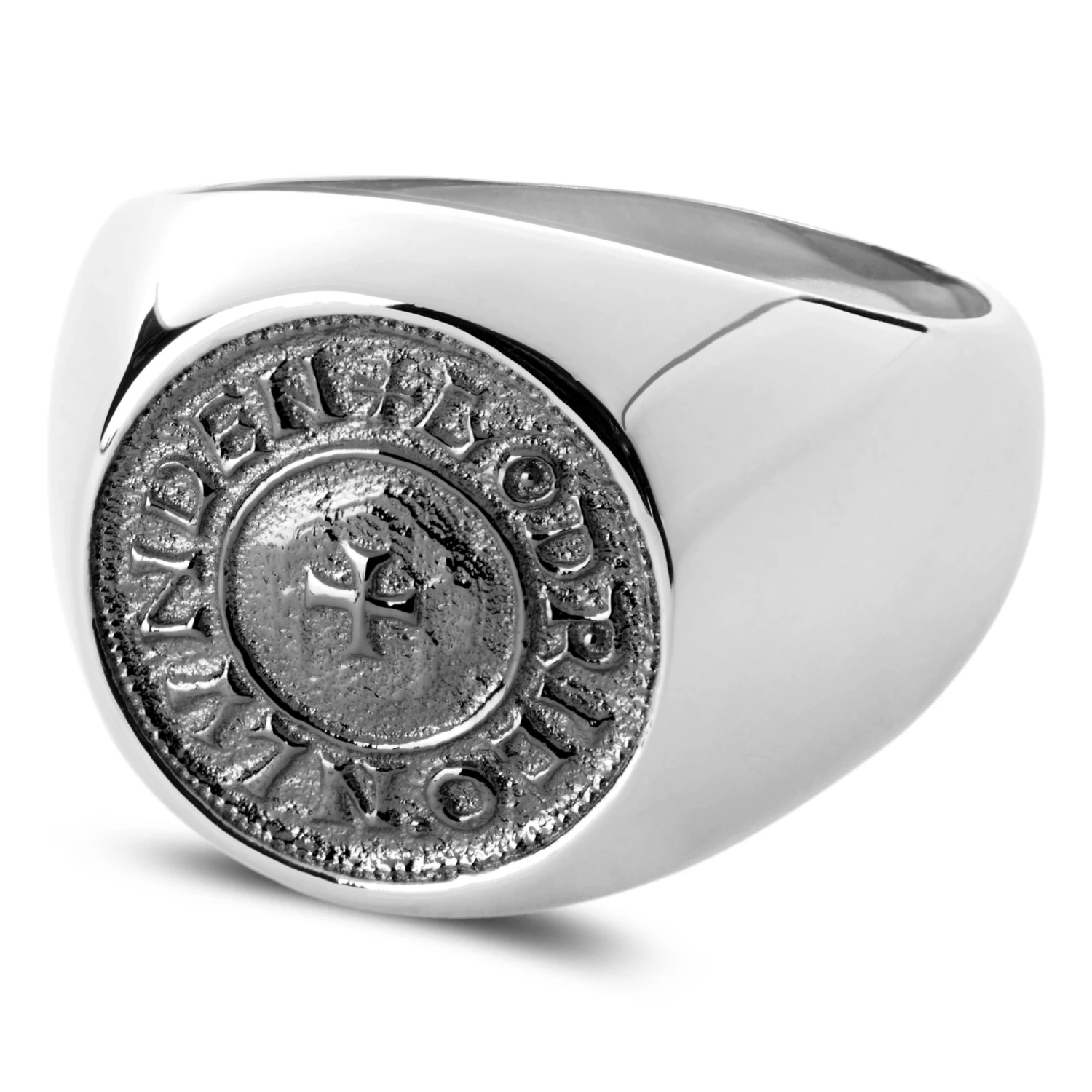 Makt | Silver-Tone Stainless Steel With Dark Gray Viking Coin Signet Ring