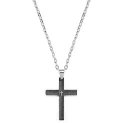 Silver-Tone Stainless Steel Small Black Cross Cable Chain Necklace