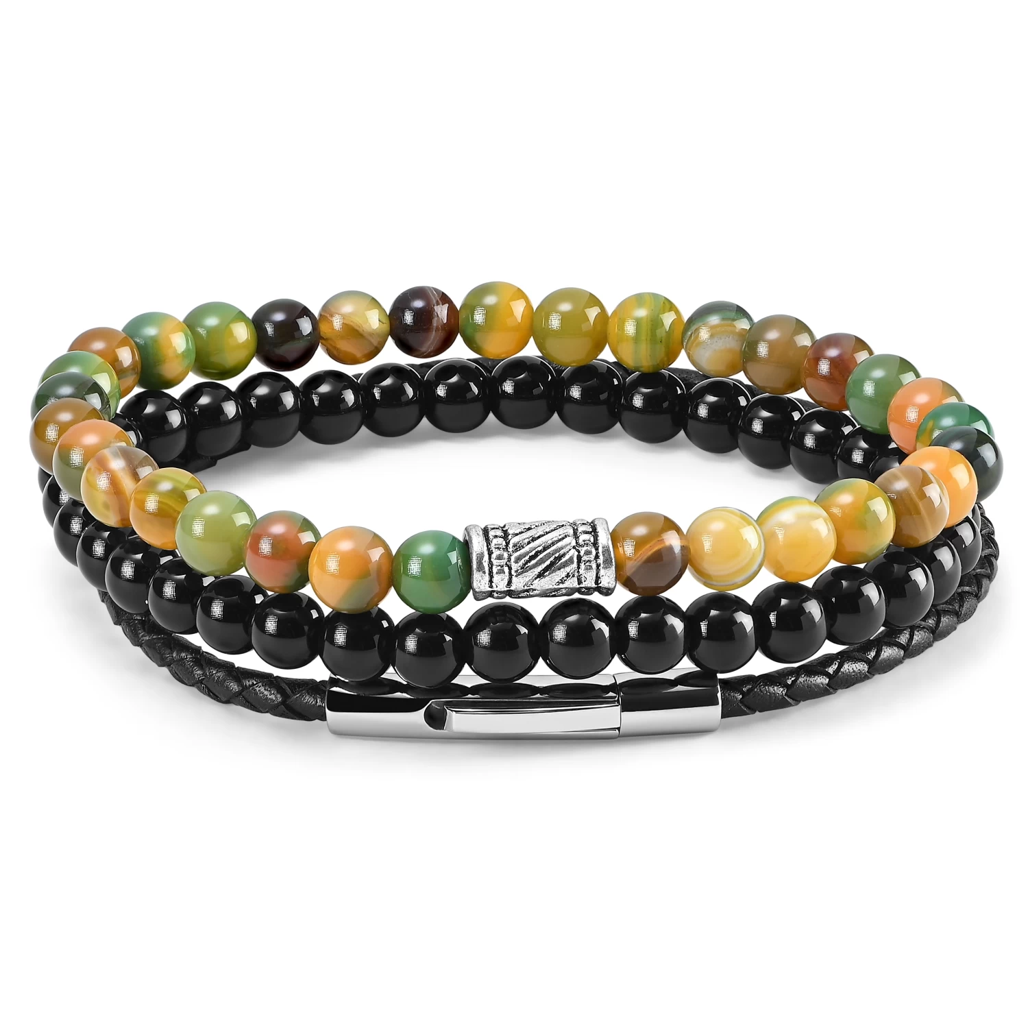 Black & Striped Agate & Leather Bracelet Set