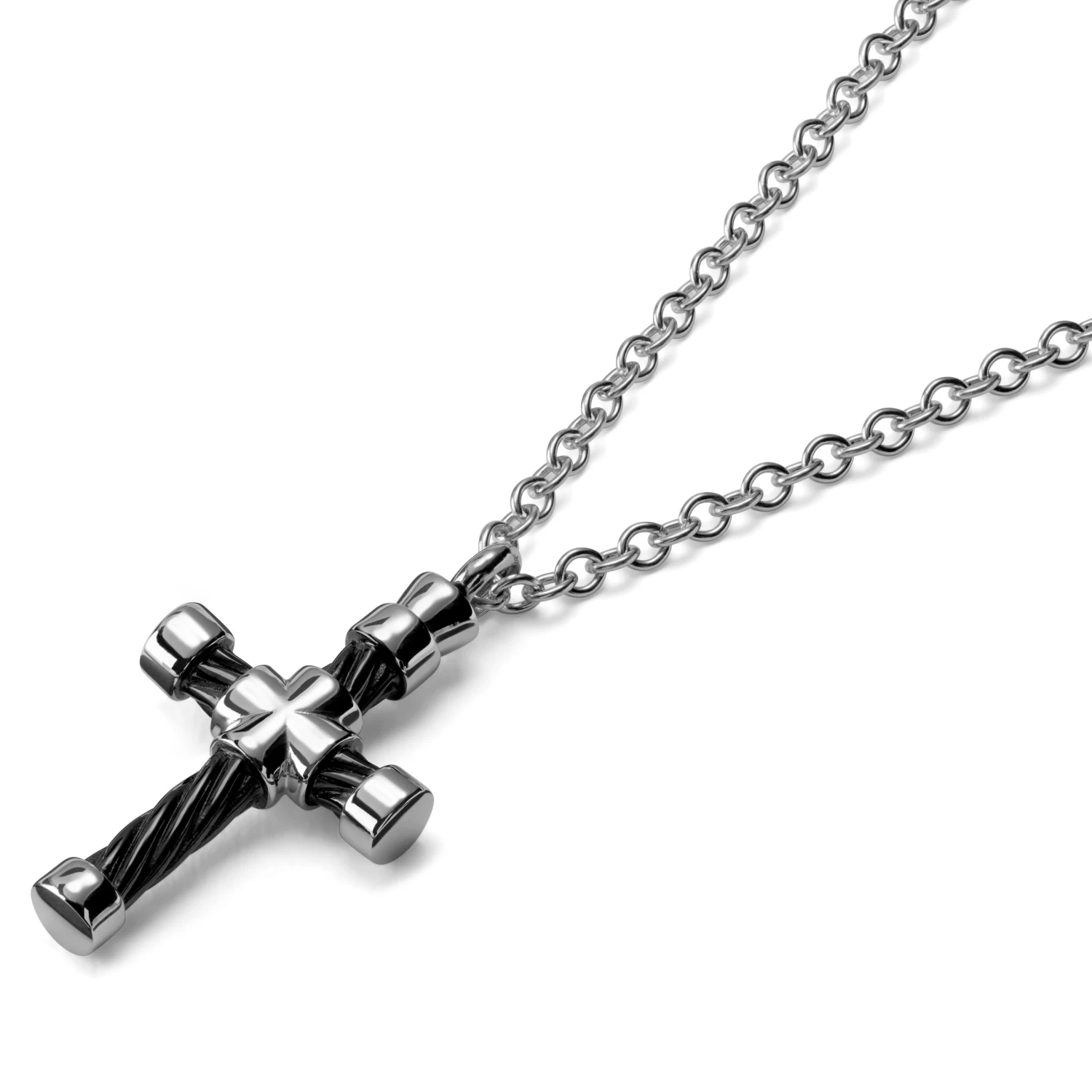 Silver-Tone Stainless Steel With Black & Silver-Tone Cable Cross Cable Chain Necklace - Image 2