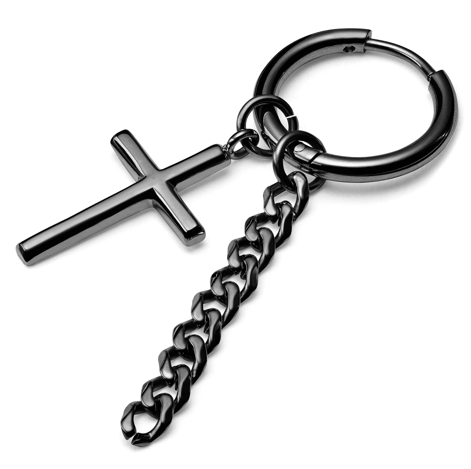 Black Stainless Steel Cross & Chain Hoop Earring