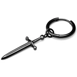 Black Titanium Drop Hoop Earring With Sword Charm