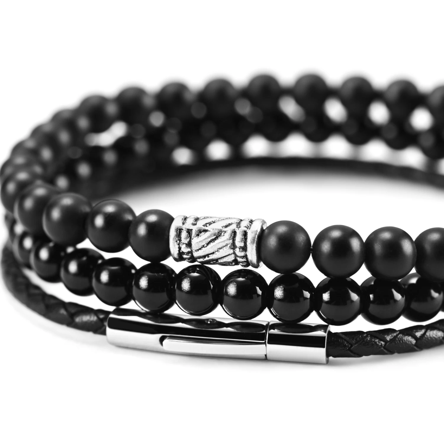 Black Natural Stone & Leather Bracelet Set - Image 3