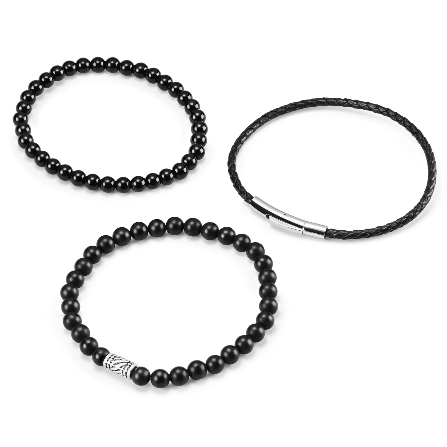 Black Natural Stone & Leather Bracelet Set - Image 2
