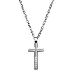 Silver-Tone Stainless Steel Inlined Cross Cable Chain Necklace