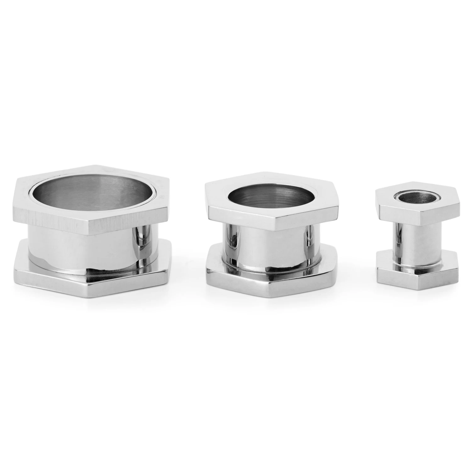 Silver-Tone Stainless Steel Nut-Shaped Tunnel Earring - Image 2
