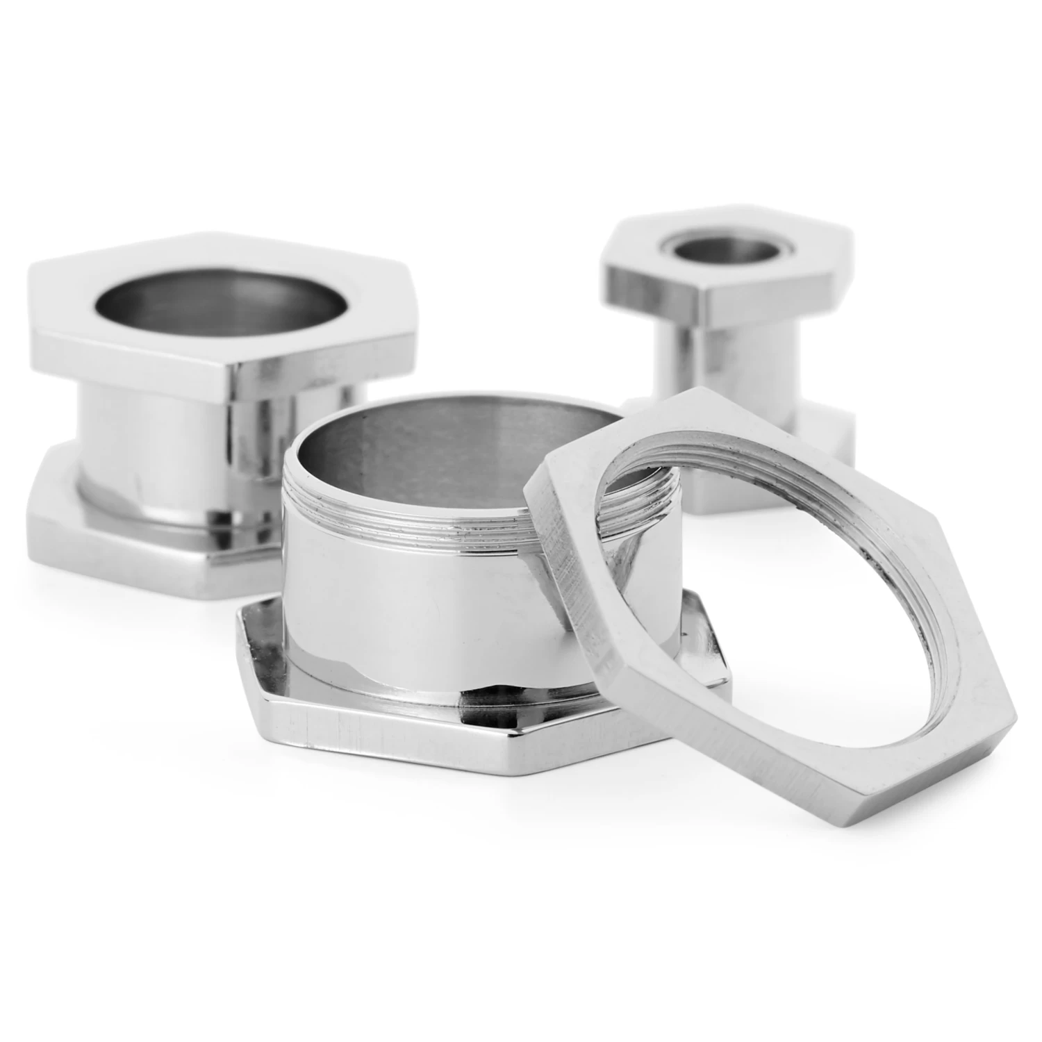 Silver-Tone Stainless Steel Nut-Shaped Tunnel Earring - Image 3