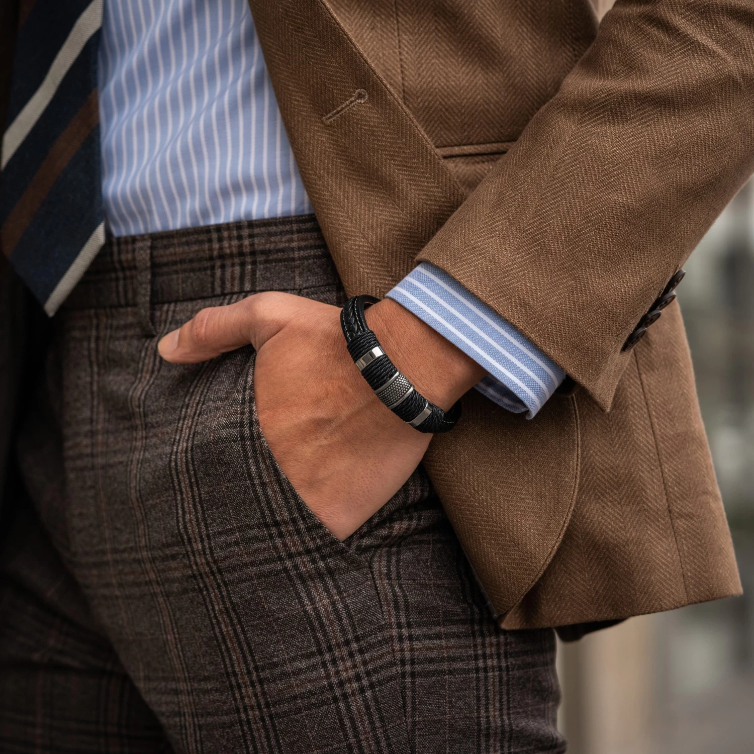 Icon | Black Leather & Silver-Tone Stainless Steel Bracelet - Image 4