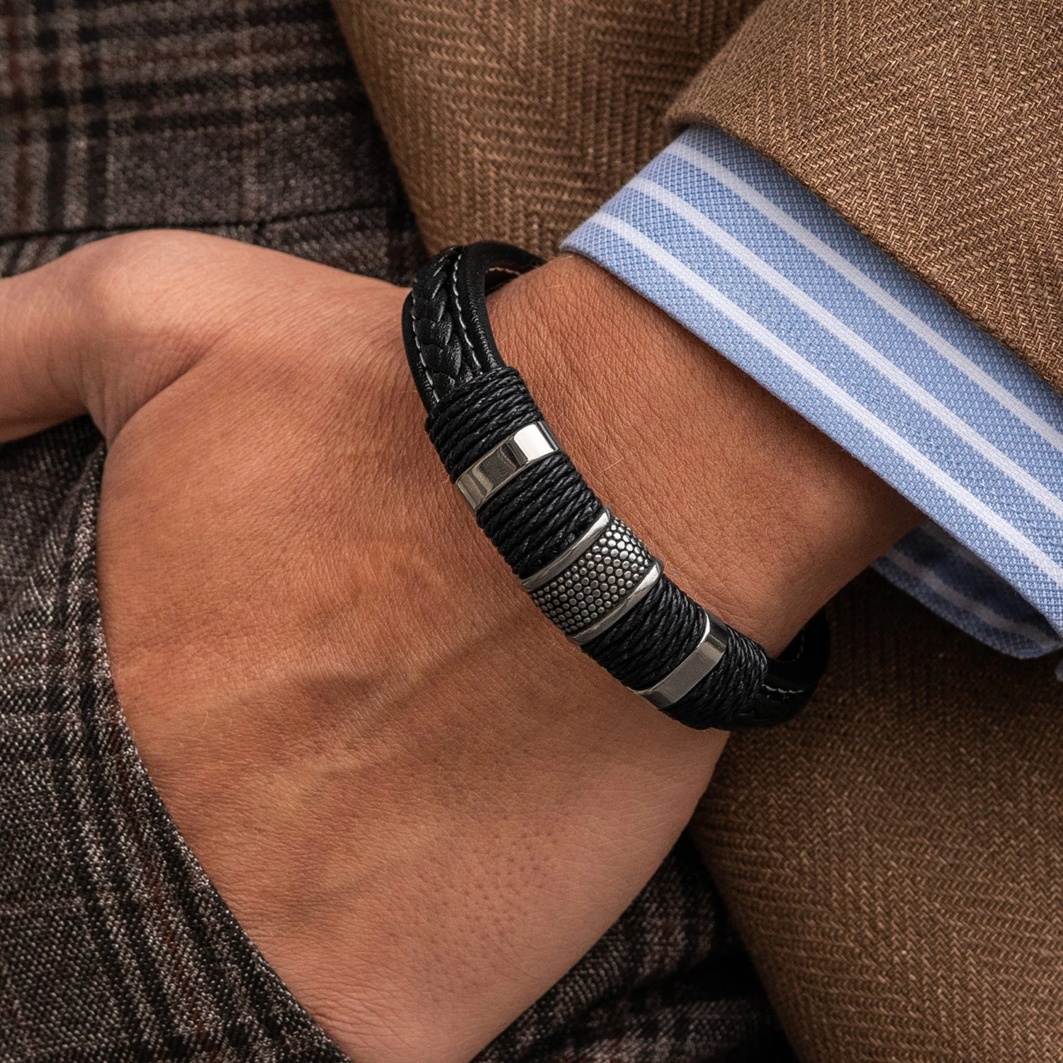 Icon | Black Leather & Silver-Tone Stainless Steel Bracelet - Image 3