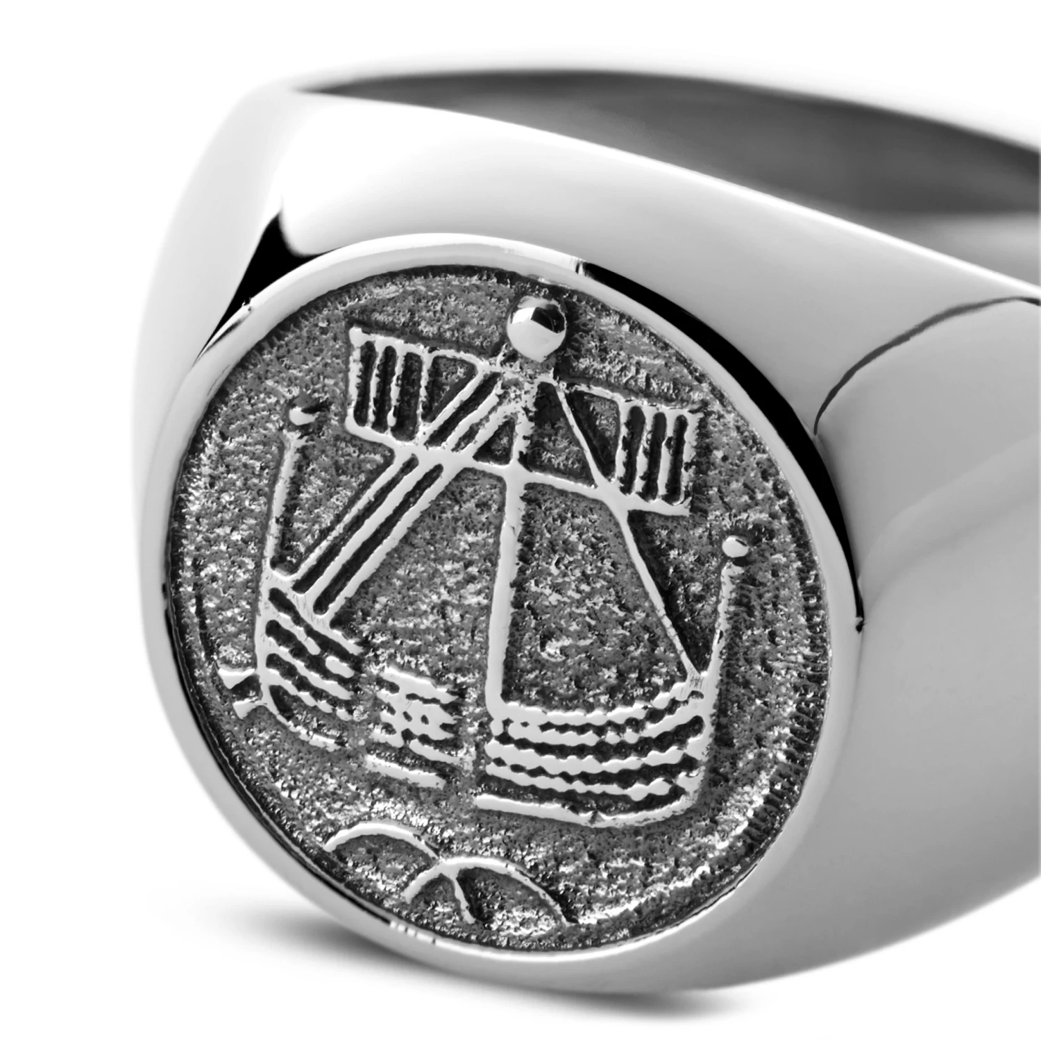 Makt | Silver-Tone & Metallic Gray Stainless Steel Viking Ship Signet Ring - Image 2
