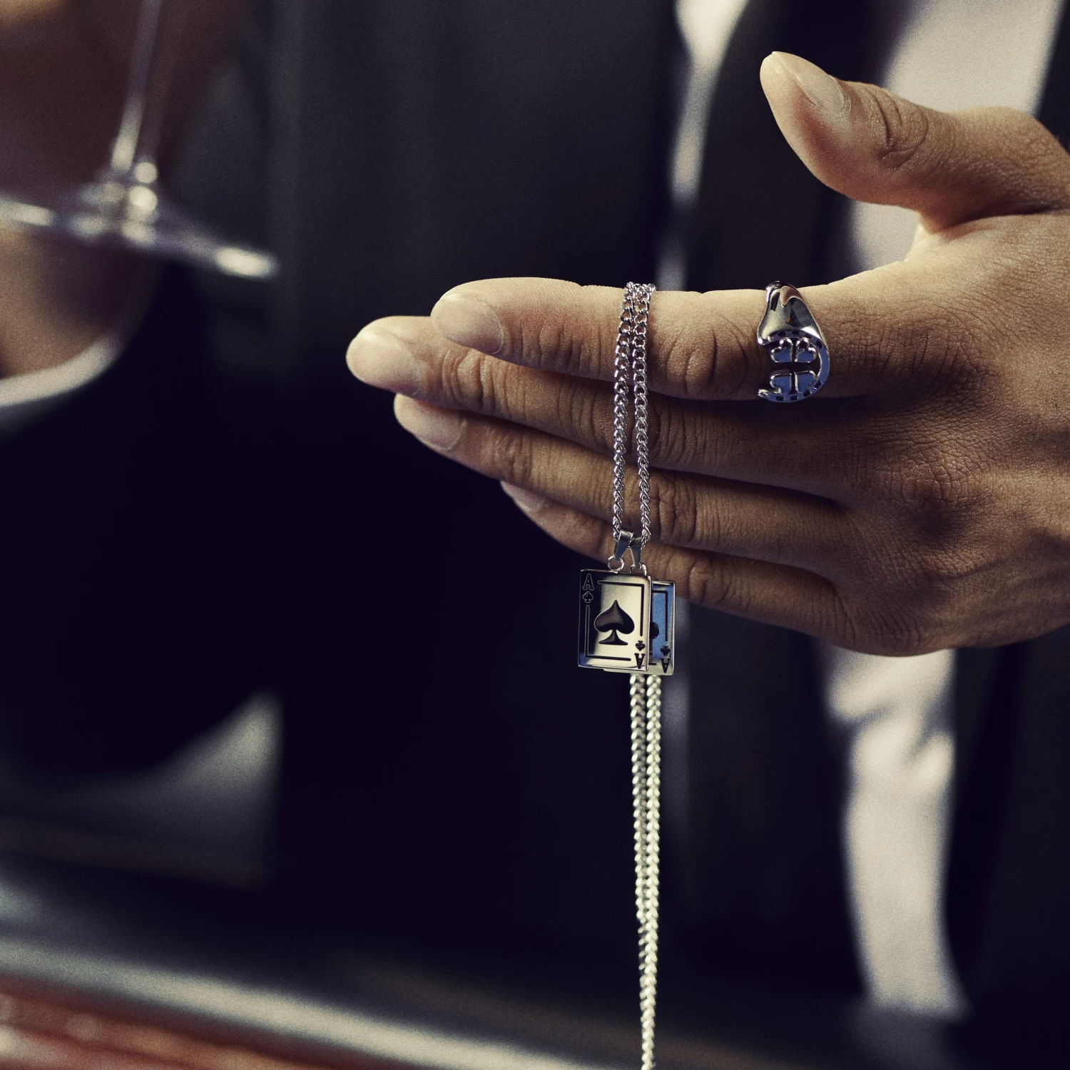 Ace | Silver-tone Black Ace Pair Double Pendant Necklace - Image 2