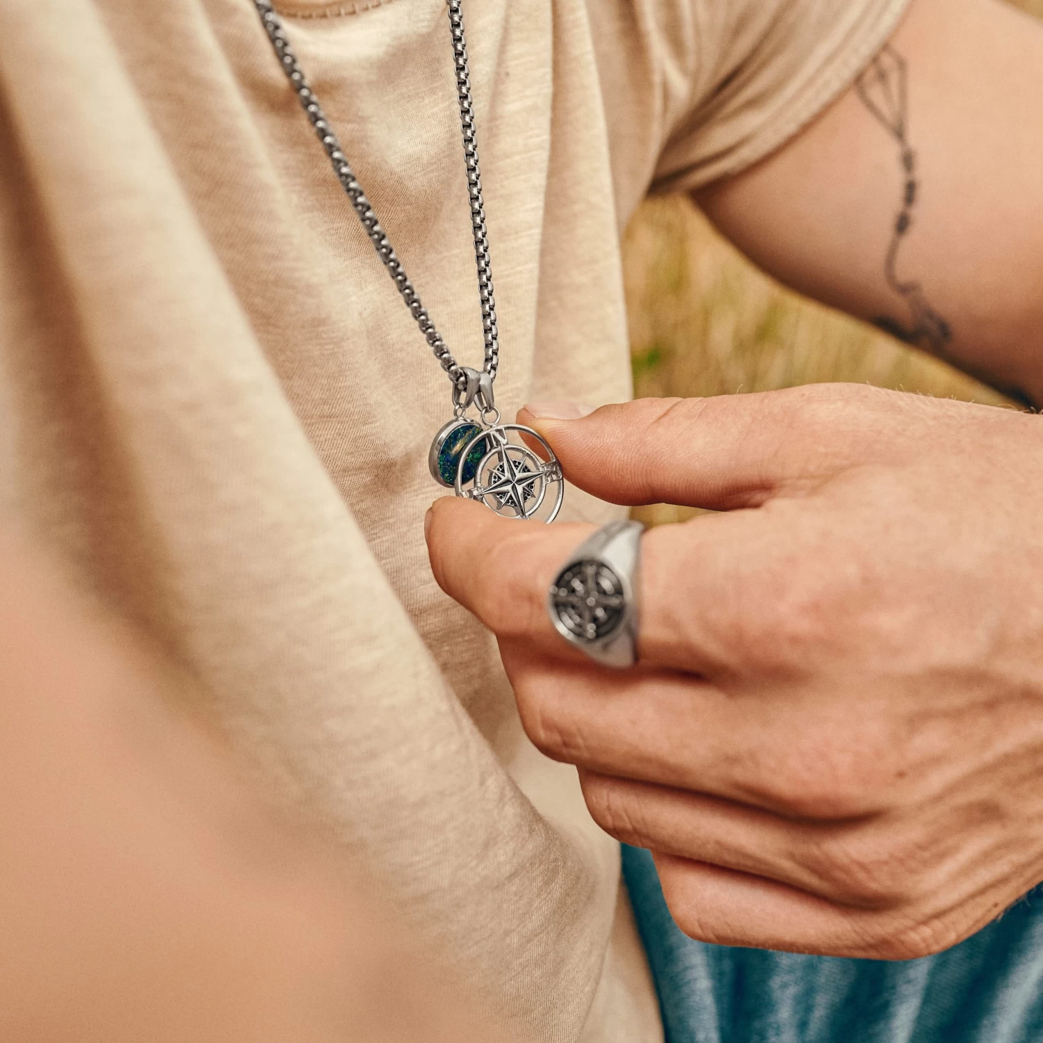 Atlas | Silver-tone Compass And Azurmalachite Pendant Necklace - Image 2