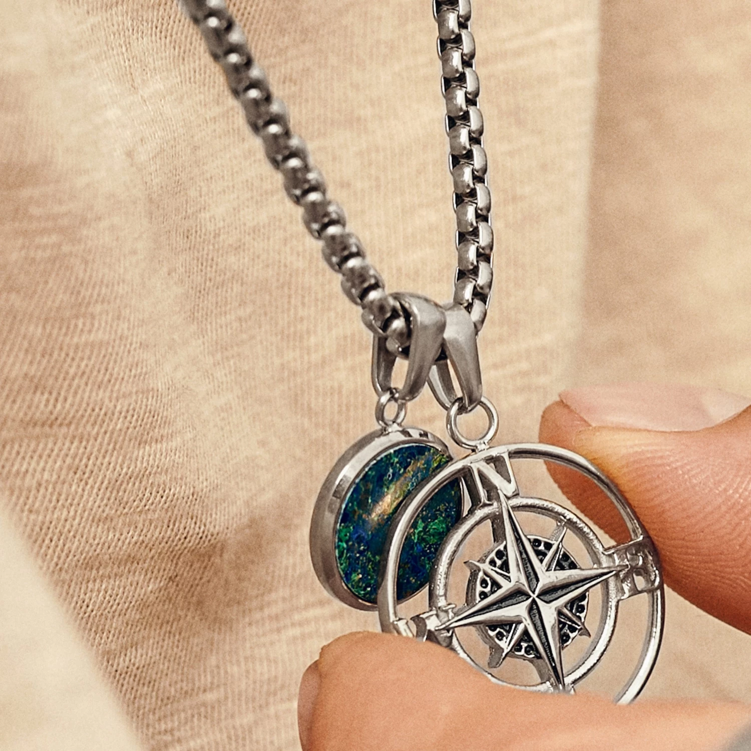 Atlas | Silver-tone Compass And Azurmalachite Pendant Necklace - Image 8