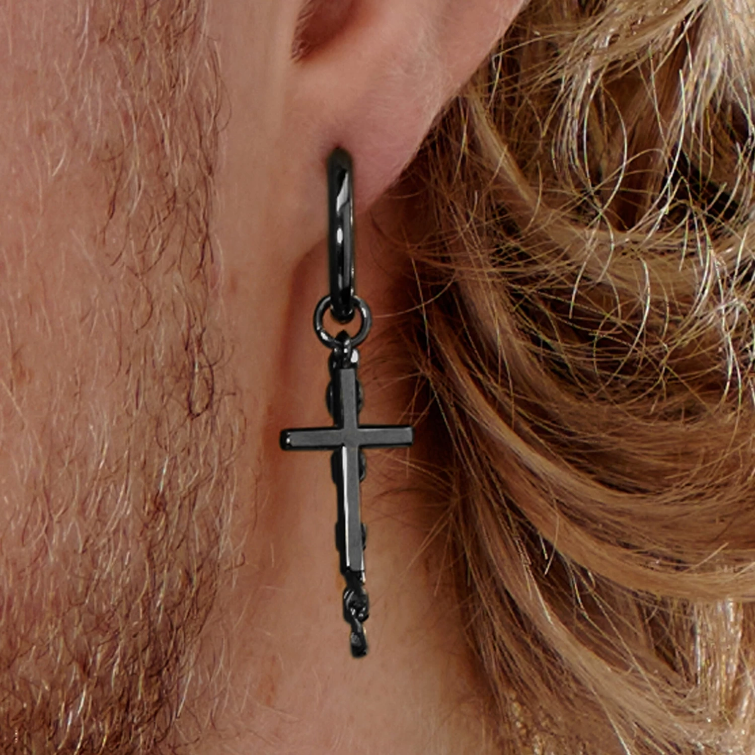 Black Stainless Steel Cross & Chain Hoop Earring - Image 6