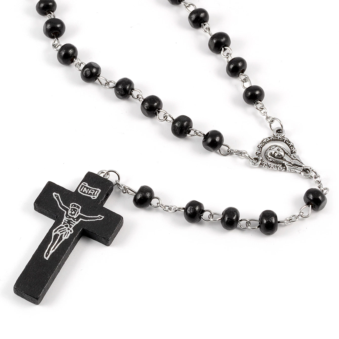 Black Wooden Beaded Rosary Necklace - Image 2