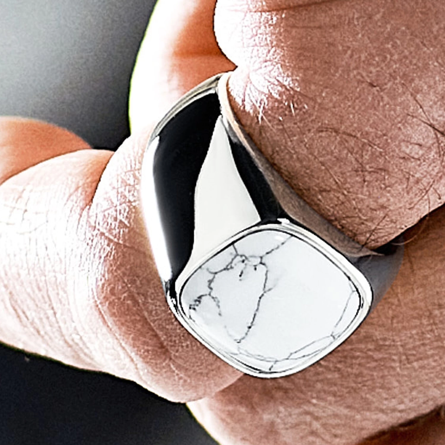 Aras | Silver-tone Stainless Steel Howlite Pinky Signet Ring - Image 9