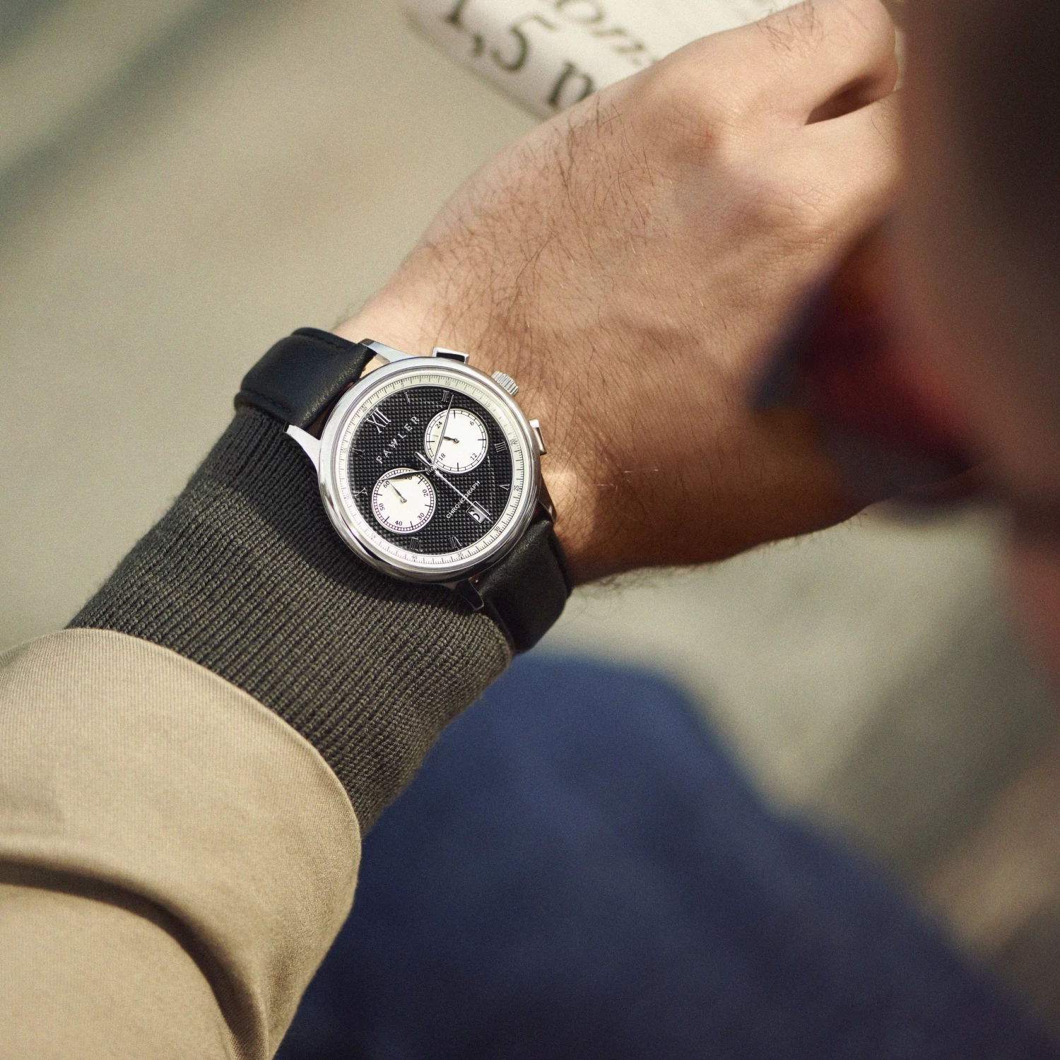 Cicero | Silver-Tone With Black Dial Vintage Chronograph Black Leather Watch - Image 2