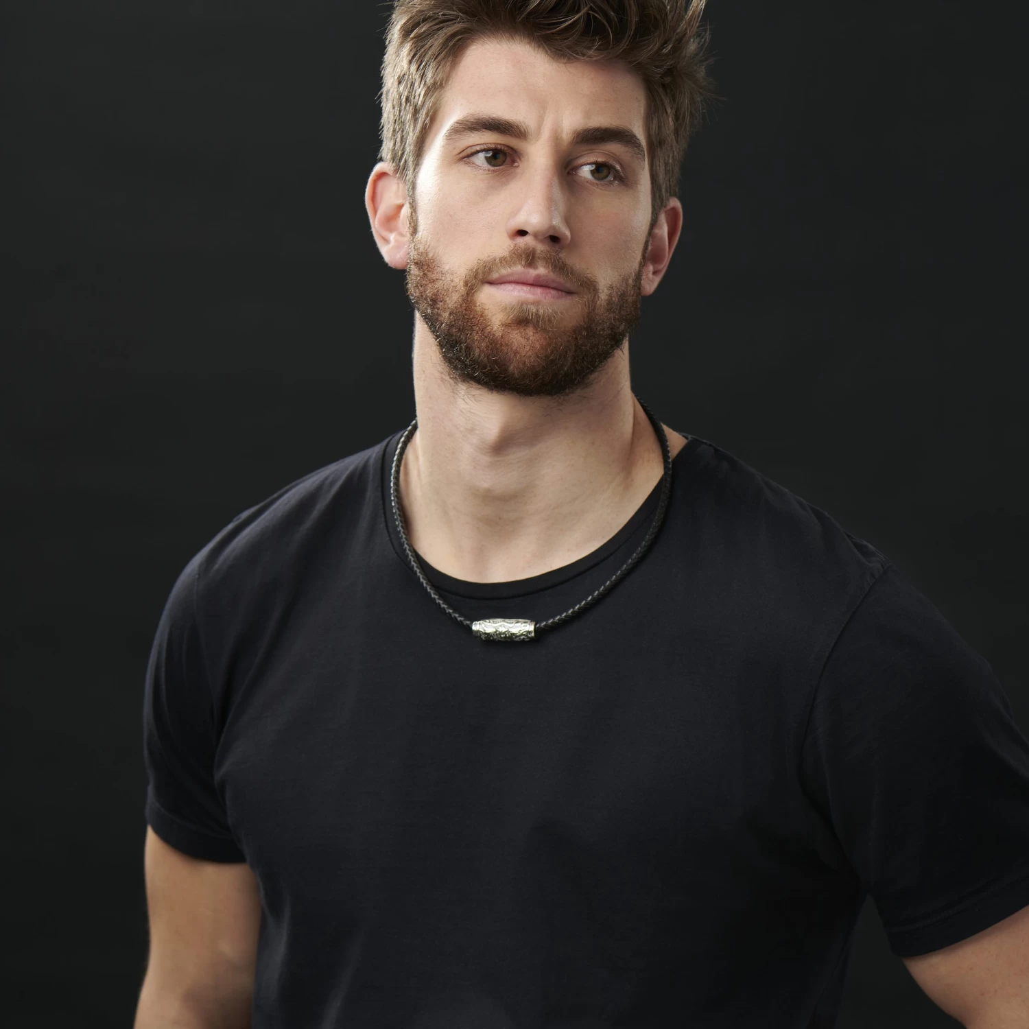 Black Leather With Silver-Tone Stainless Steel Rune Barrel Necklace - Image 4