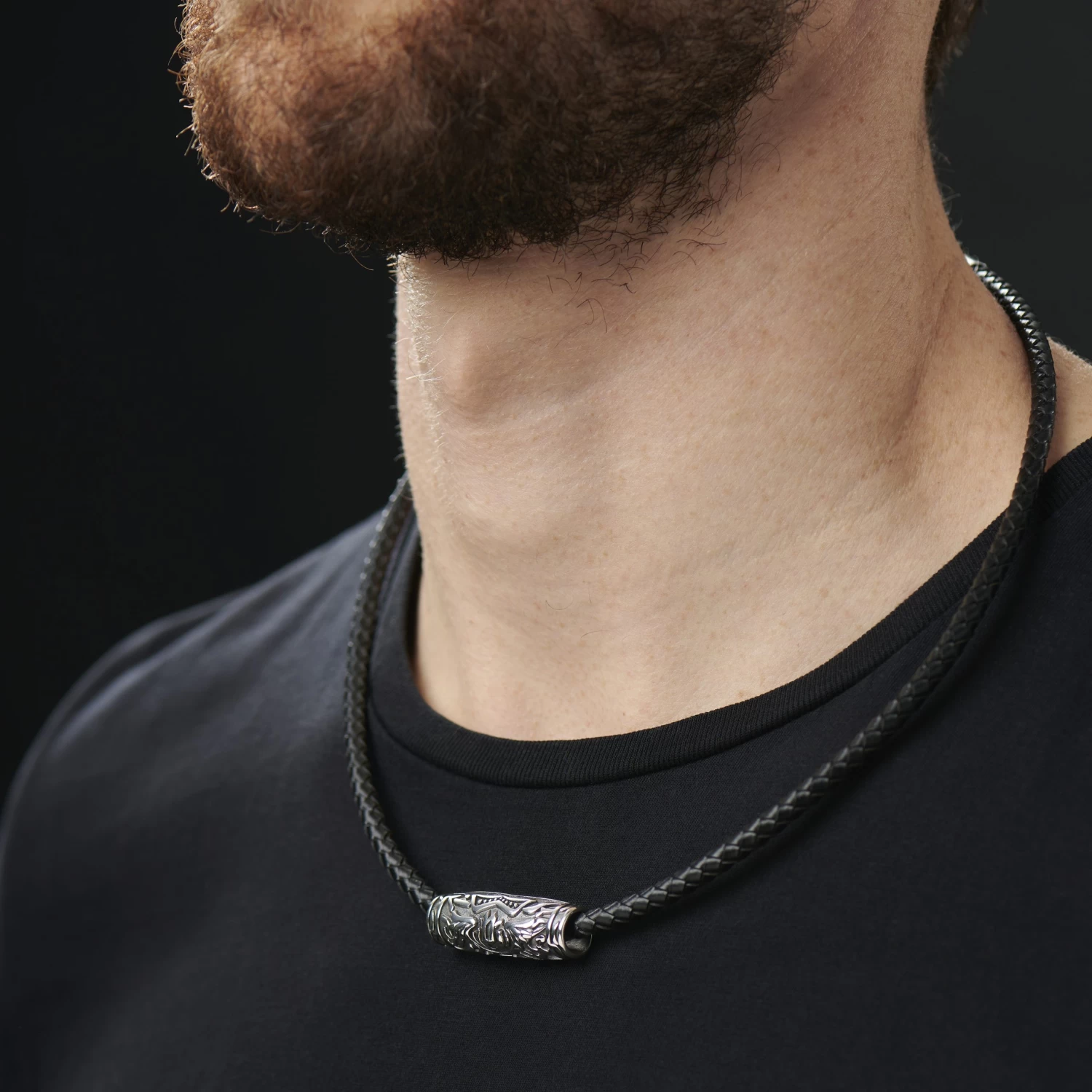 Black Leather With Silver-Tone Stainless Steel Rune Barrel Necklace - Image 3