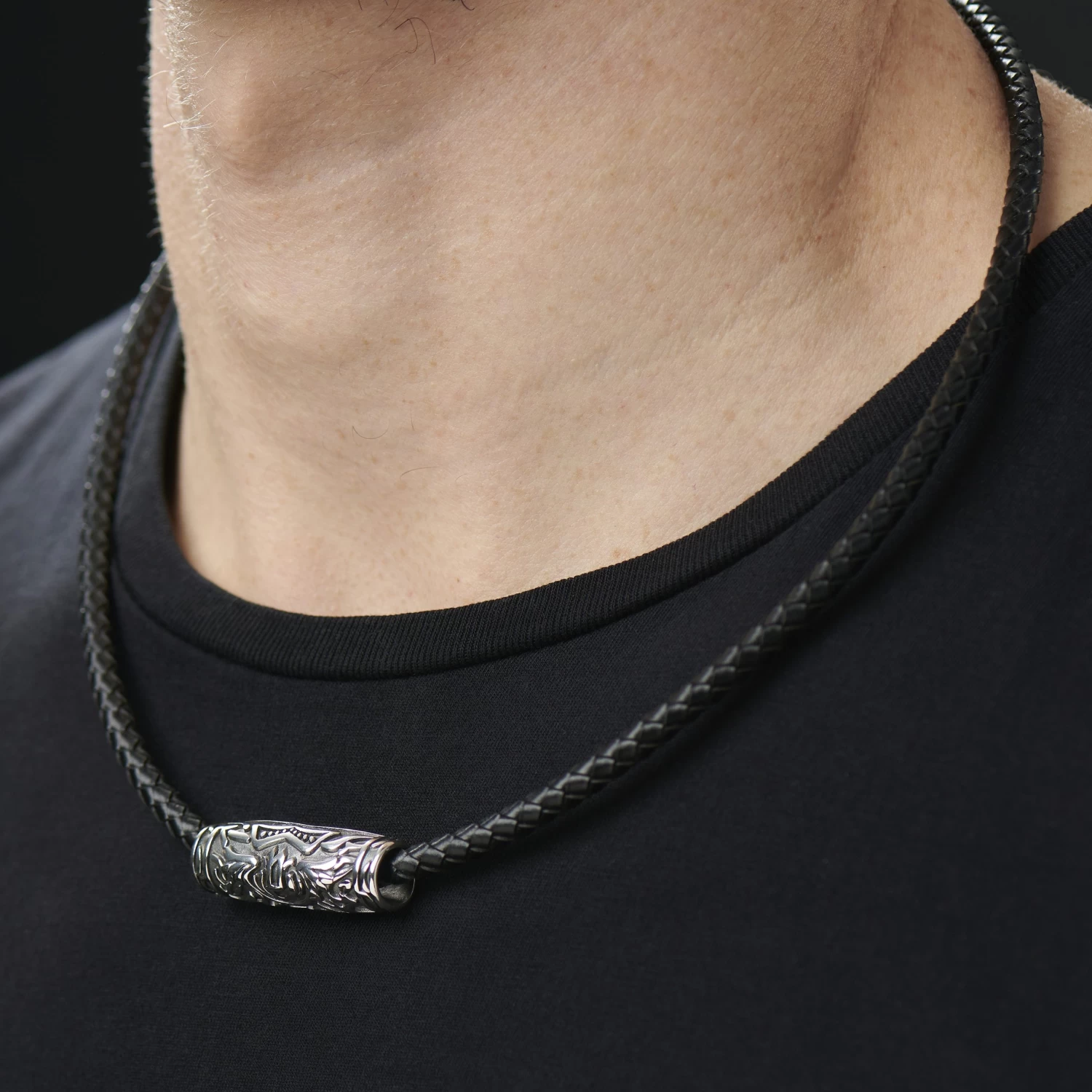 Black Leather With Silver-Tone Stainless Steel Rune Barrel Necklace - Image 8
