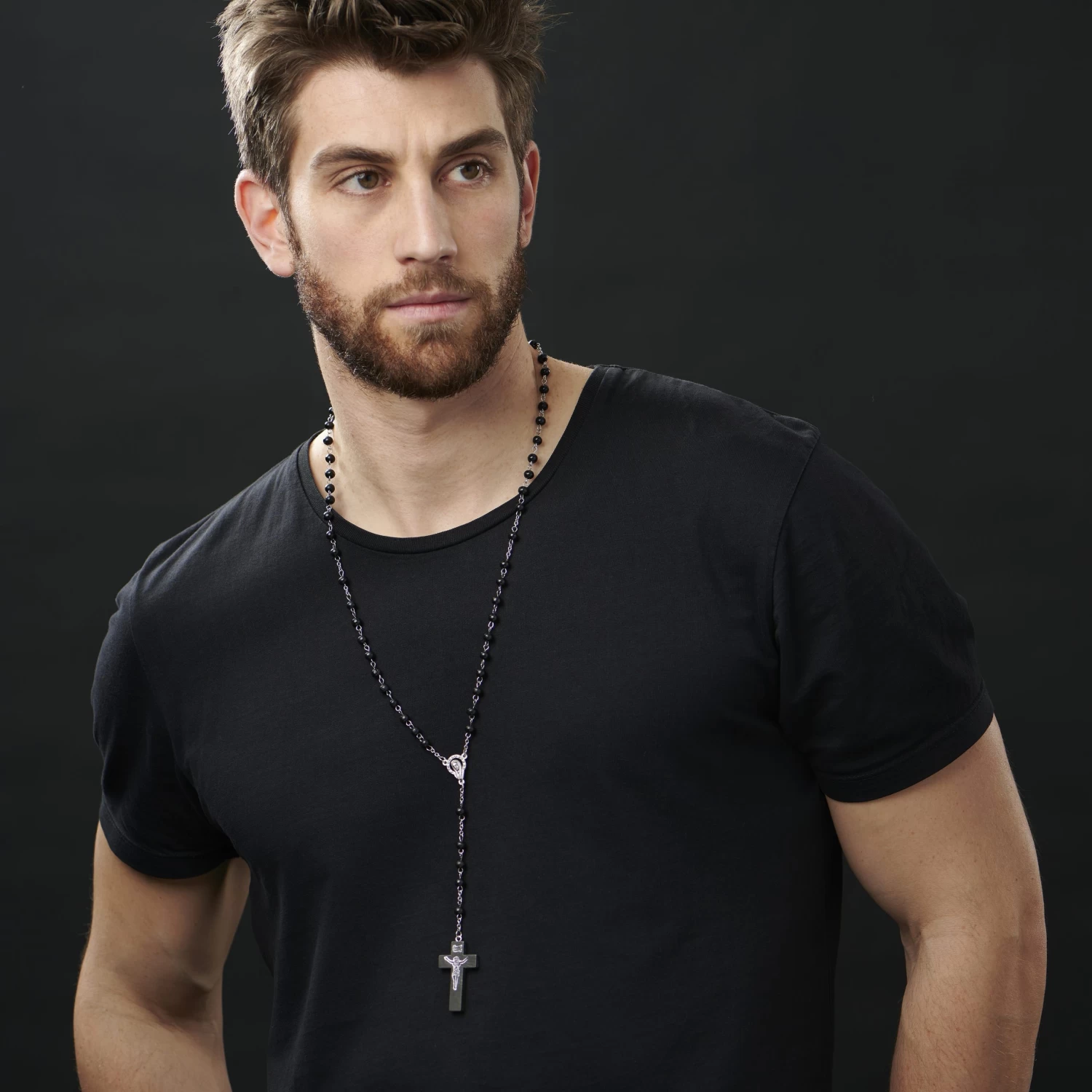 Black Wooden Beaded Rosary Necklace - Image 4