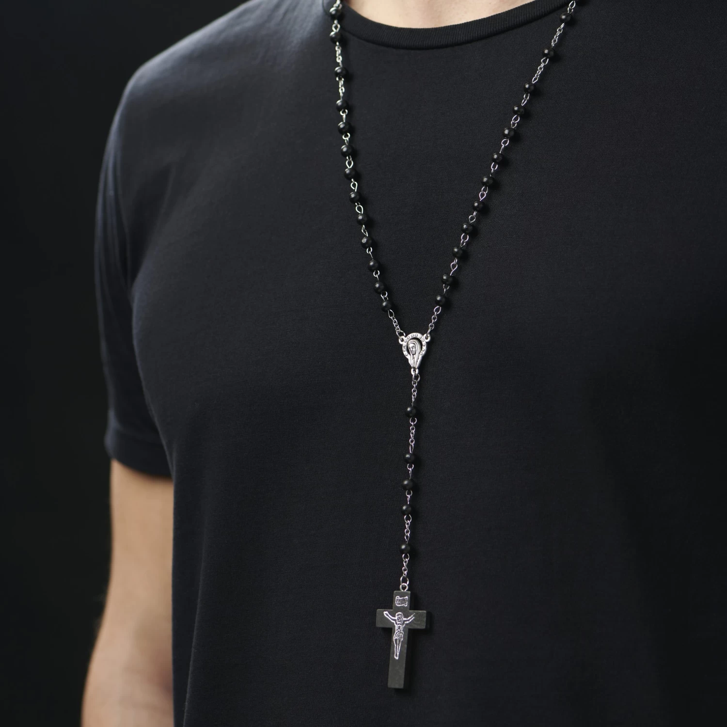 Black Wooden Beaded Rosary Necklace - Image 3
