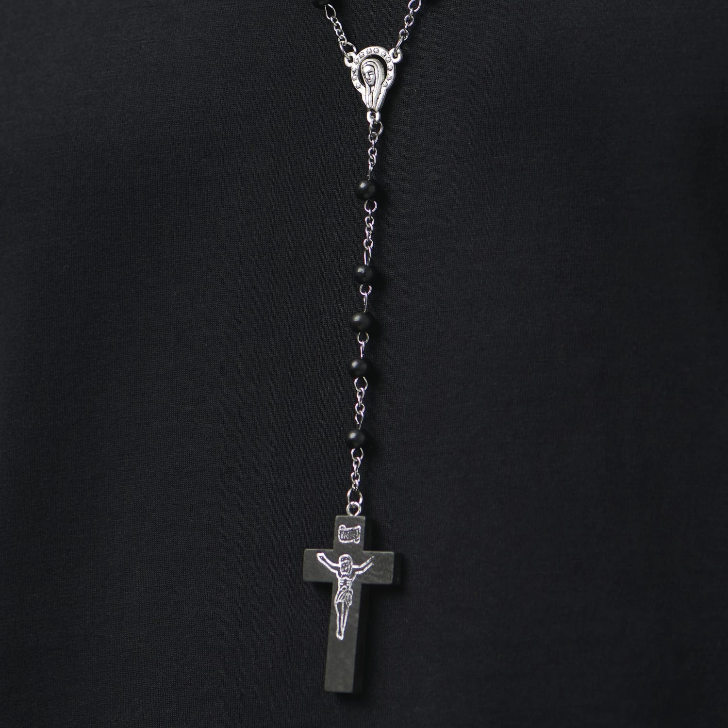 Black Wooden Beaded Rosary Necklace - Image 5